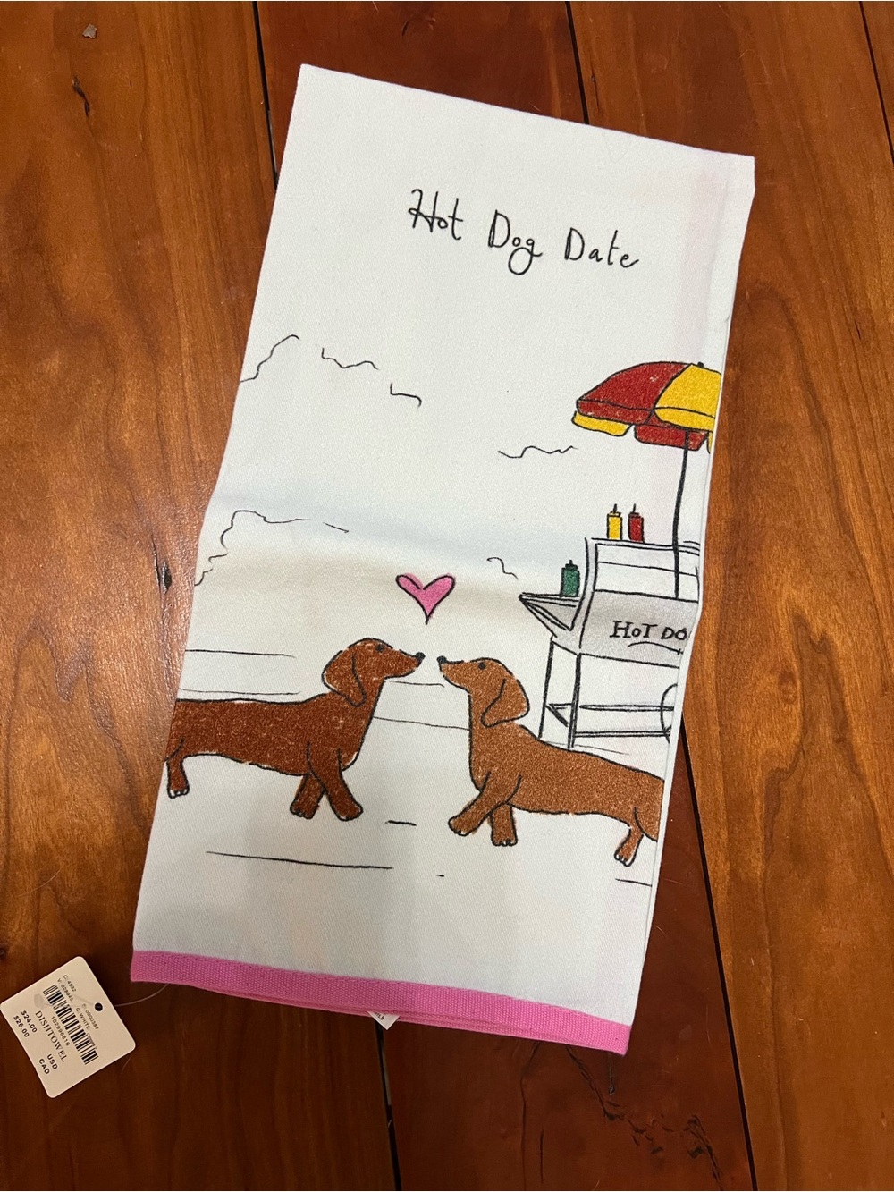 Hot Dog Date Dachshund Dish Towel - White with Pink Trim—NWT!